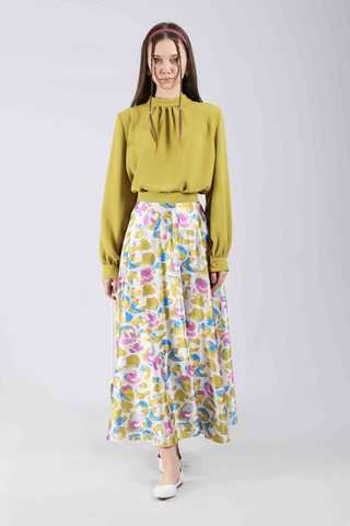 Ebru Patterned Skirt Set Oil Green - 3