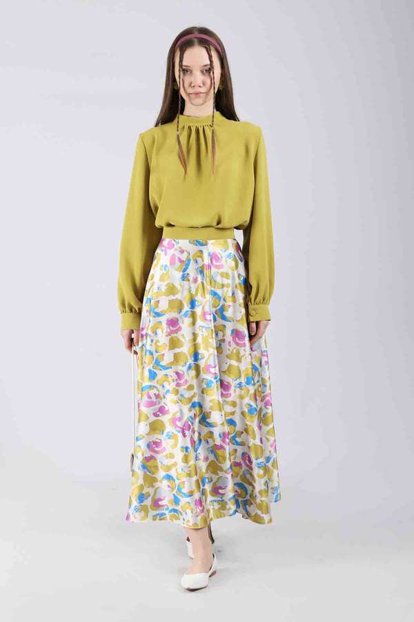 Ebru Patterned Skirt Set Oil Green - 3