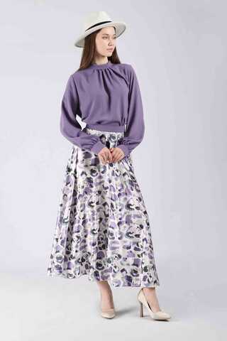 Ebru Patterned Skirt Set Purple - 3