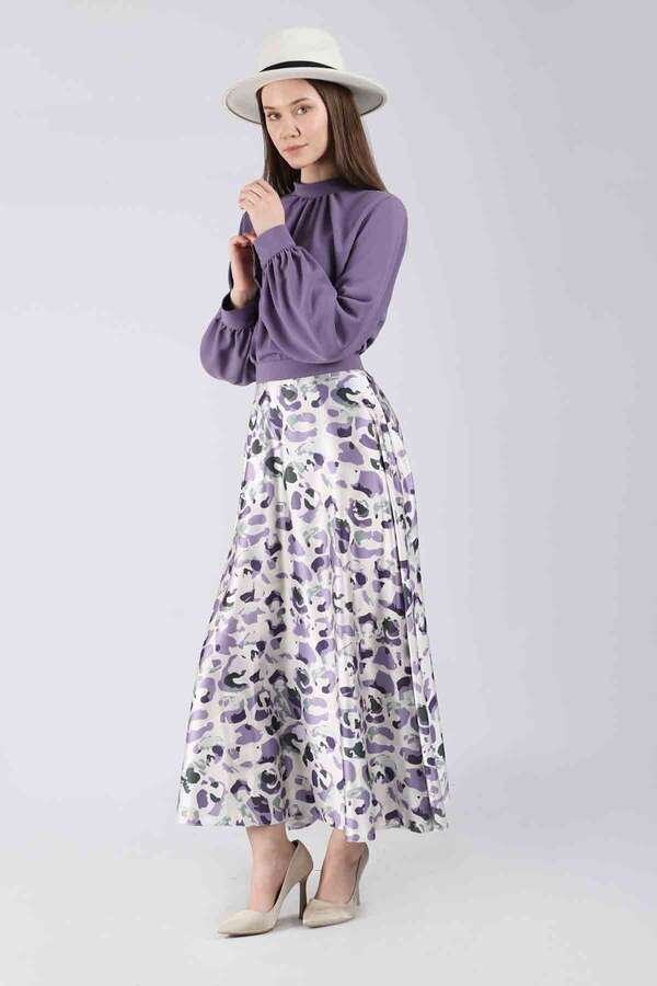 Ebru Patterned Skirt Set Purple - 4