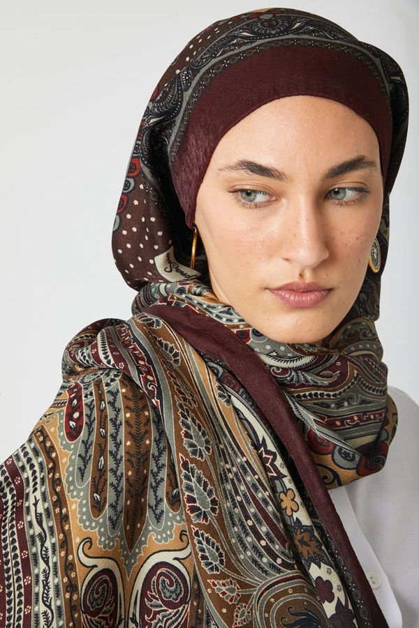 Ebruli Desen Şal Bordo - 2