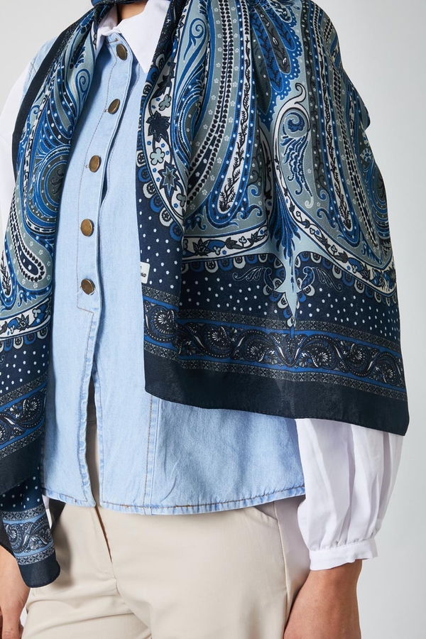 Ebruli Desen Şal Lacivert - 3