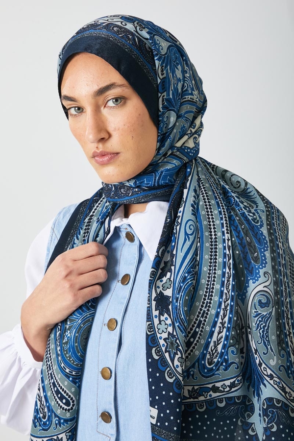 Ebruli Desen Şal Lacivert - 4