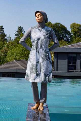 Ebruli Desenli Tesettür Mayo Takım Gri - 2