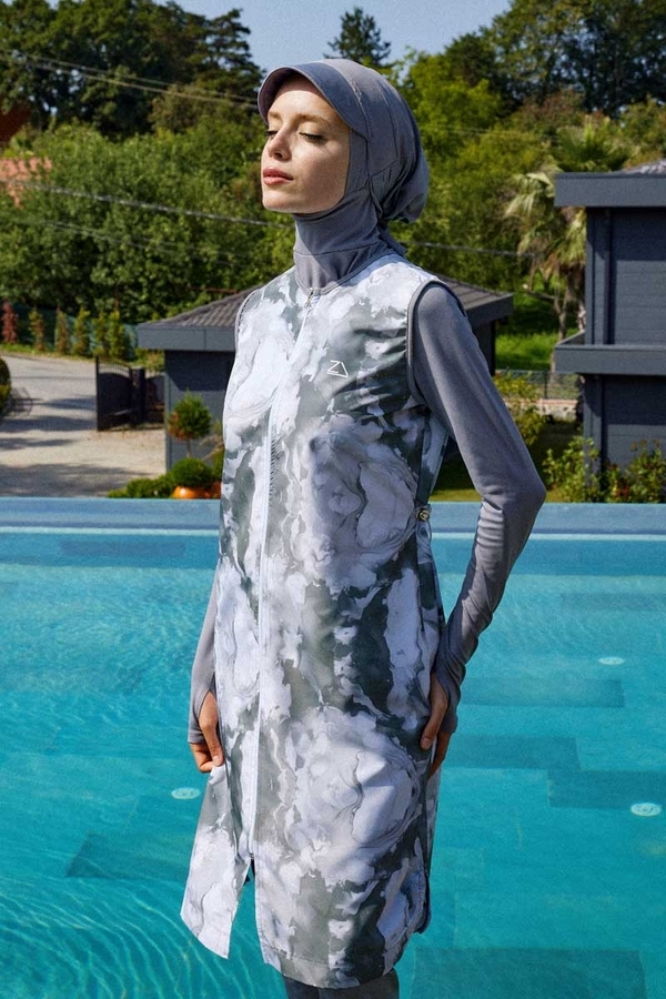 Ebruli Desenli Tesettür Mayo Takım Gri 