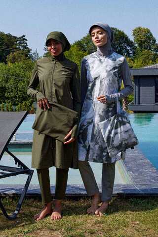 Ebruli Desenli Tesettür Mayo Takım Gri - 5