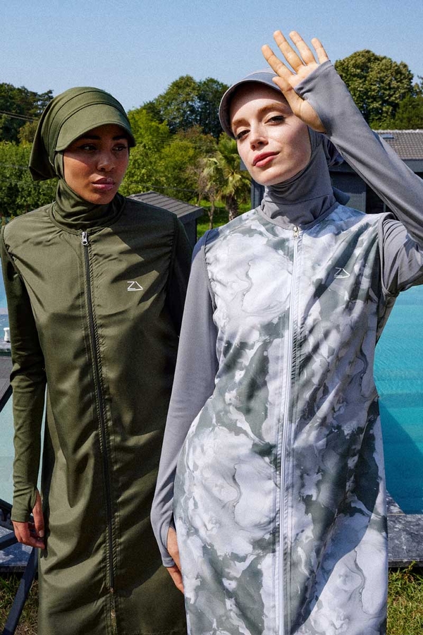 Ebruli Desenli Tesettür Mayo Takım Gri - 3