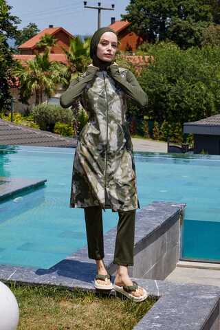 Ebruli Desenli Tesettür Mayo Takım Haki - 4