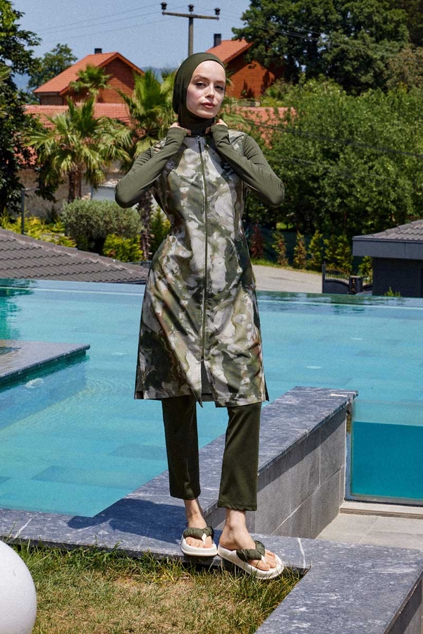 Ebruli Desenli Tesettür Mayo Takım Haki - 4