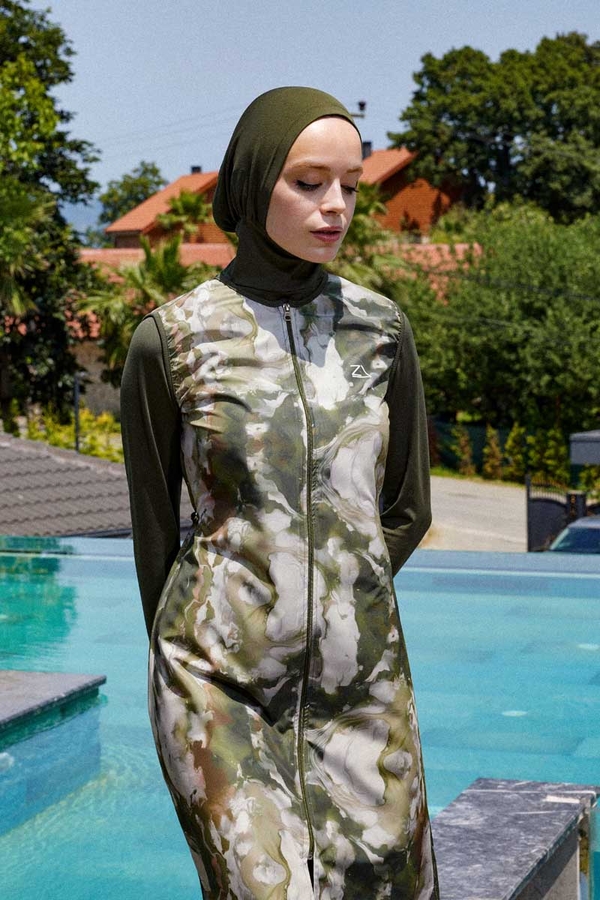 Ebruli Desenli Tesettür Mayo Takım Haki - 3