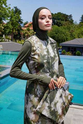 Ebruli Desenli Tesettür Mayo Takım Haki - 1