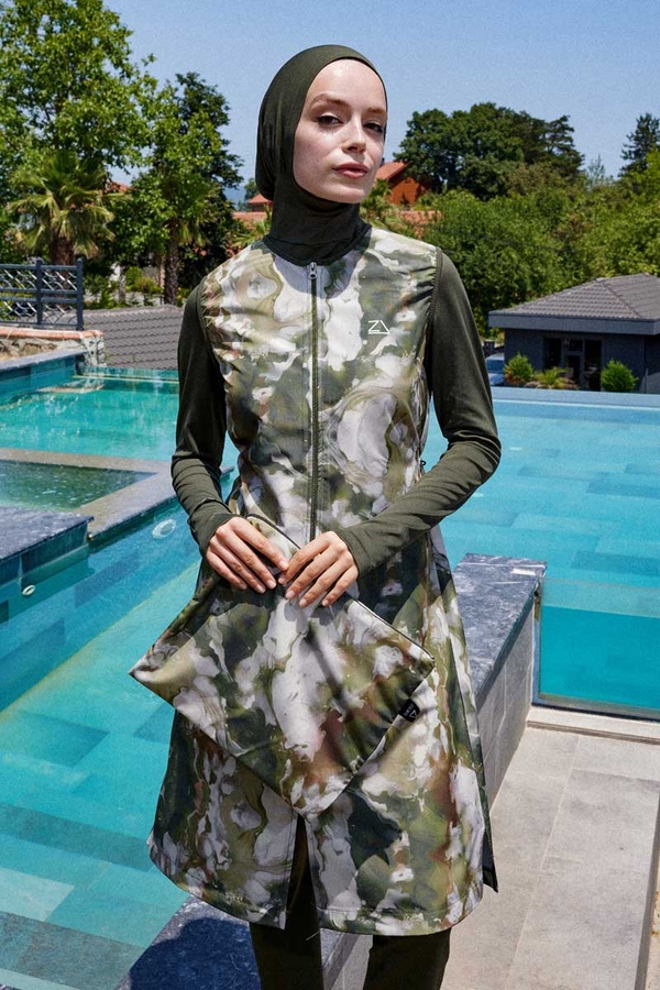 Ebruli Desenli Tesettür Mayo Takım Haki - 7