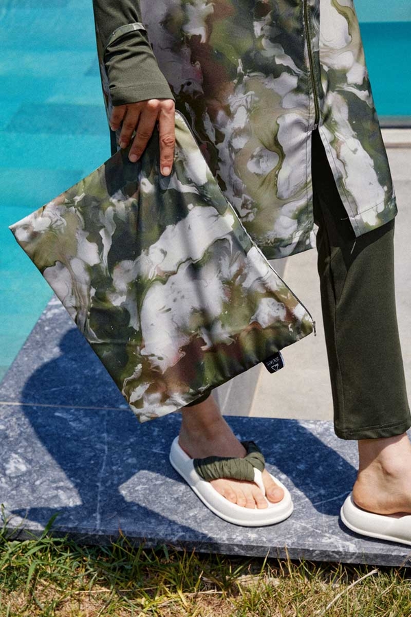 Ebruli Desenli Tesettür Mayo Takım Haki - 6