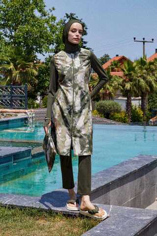 Ebruli Desenli Tesettür Mayo Takım Haki - 2