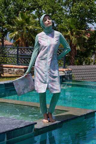 Ebruli Desenli Tesettür Mayo Takım Su Yeşili - 5