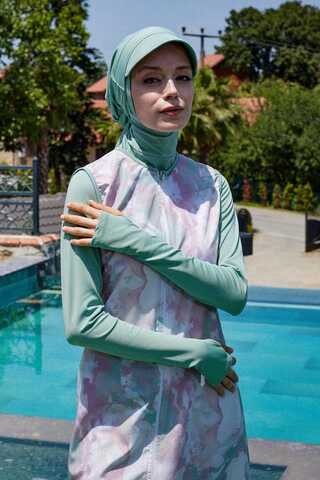 Ebruli Desenli Tesettür Mayo Takım Su Yeşili - 2