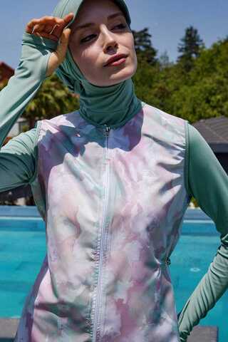 Ebruli Desenli Tesettür Mayo Takım Su Yeşili - 8