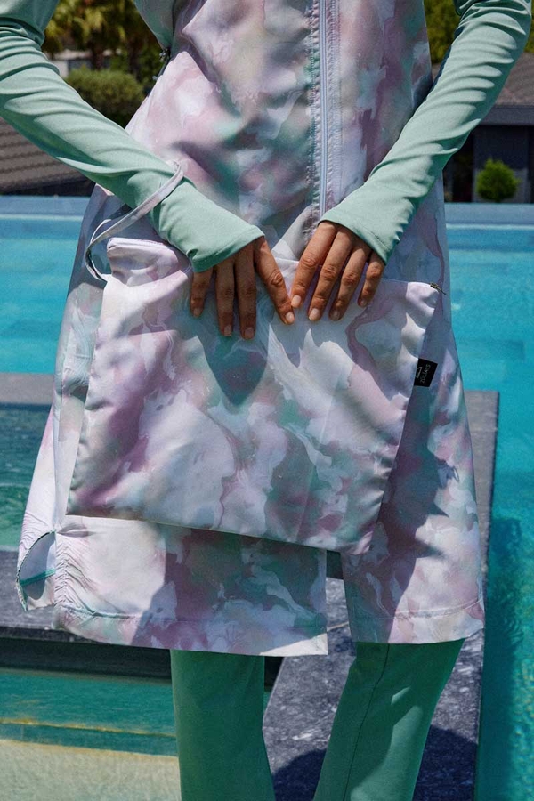 Ebruli Desenli Tesettür Mayo Takım Su Yeşili - 4