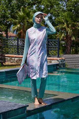 Ebruli Desenli Tesettür Mayo Takım Su Yeşili - 3