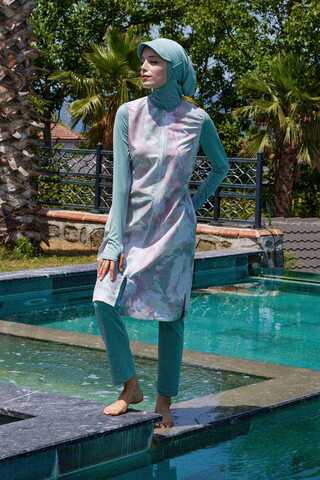 Ebruli Desenli Tesettür Mayo Takım Su Yeşili - 7