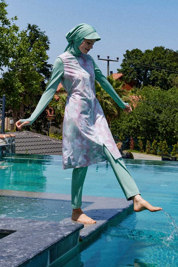 Ebruli Desenli Tesettür Mayo Takım Su Yeşili 