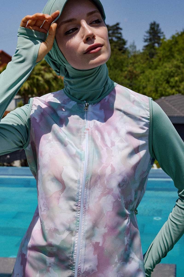 Ebruli Desenli Tesettür Mayo Takım Su Yeşili - 8