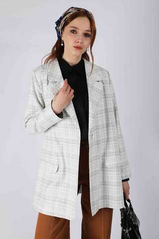 Ekose Blazer Ceket  Beyaz - 2