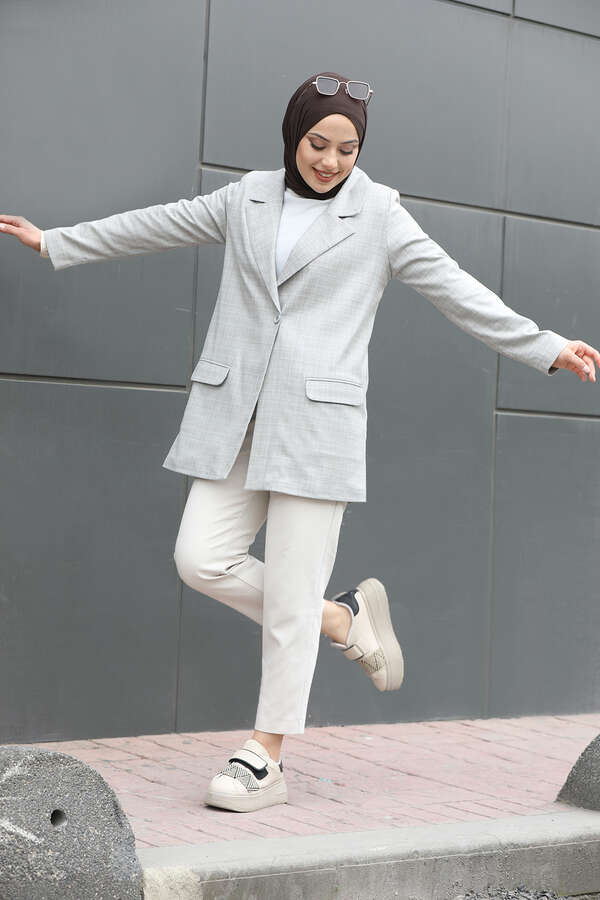 Ekose Blazer Ceket Gri - 3