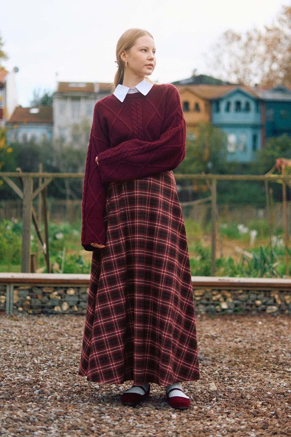 Ekose Desenli A Kesim Etek Bordo - 1