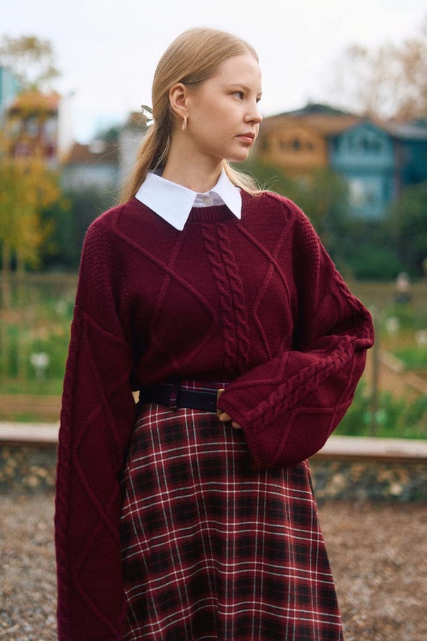 Ekose Desenli A Kesim Etek Bordo - 2