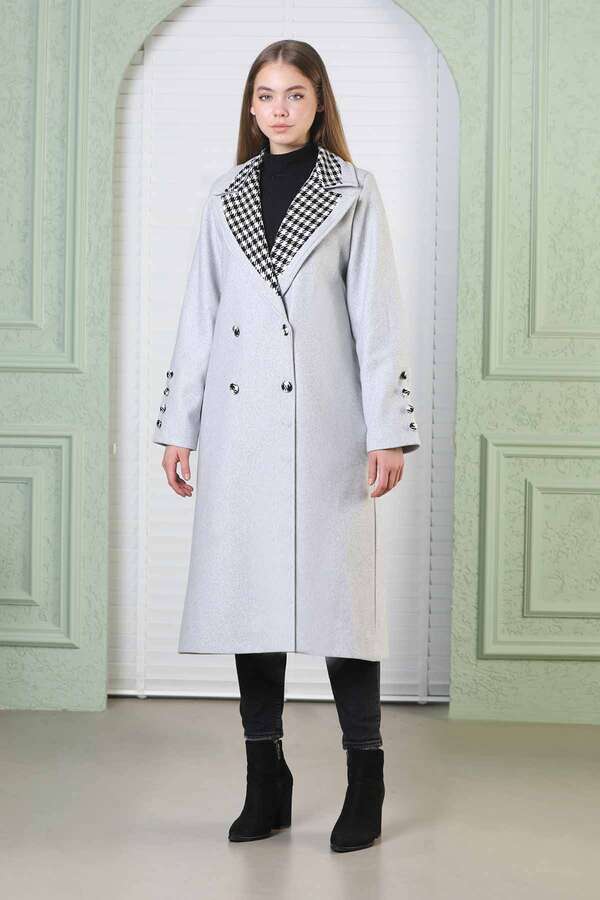 Ekose Detaylı Kaşe Kaban Gri - 1