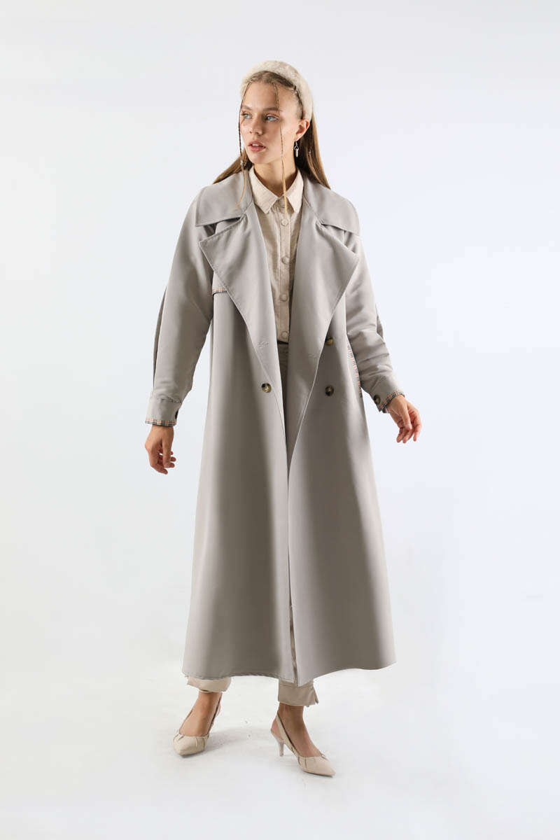 Ekose Detaylı Trençkot Gri