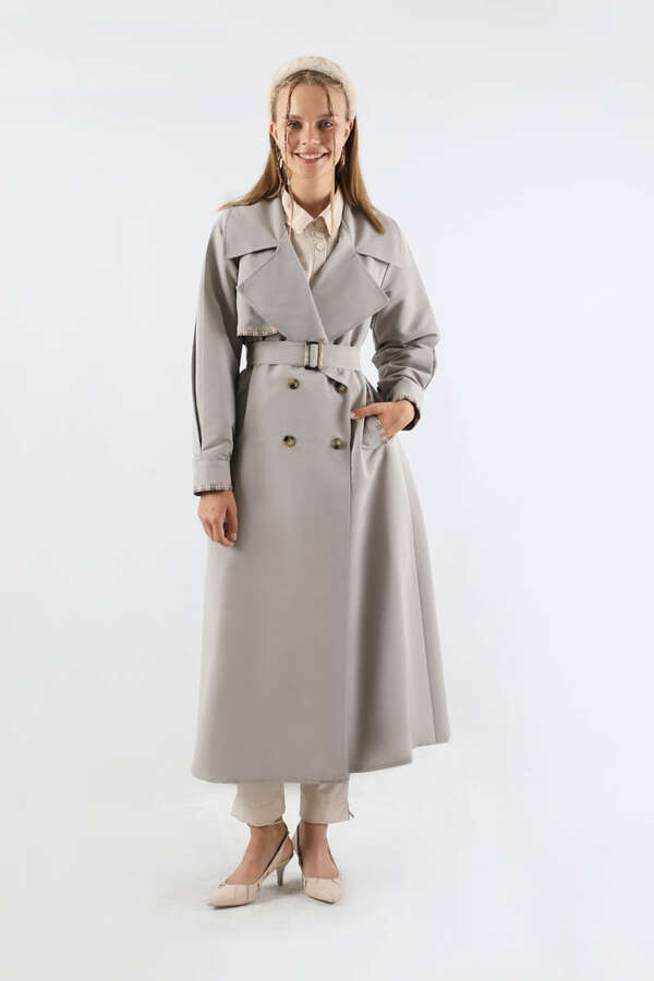 Ekose Detaylı Trençkot Gri - 3