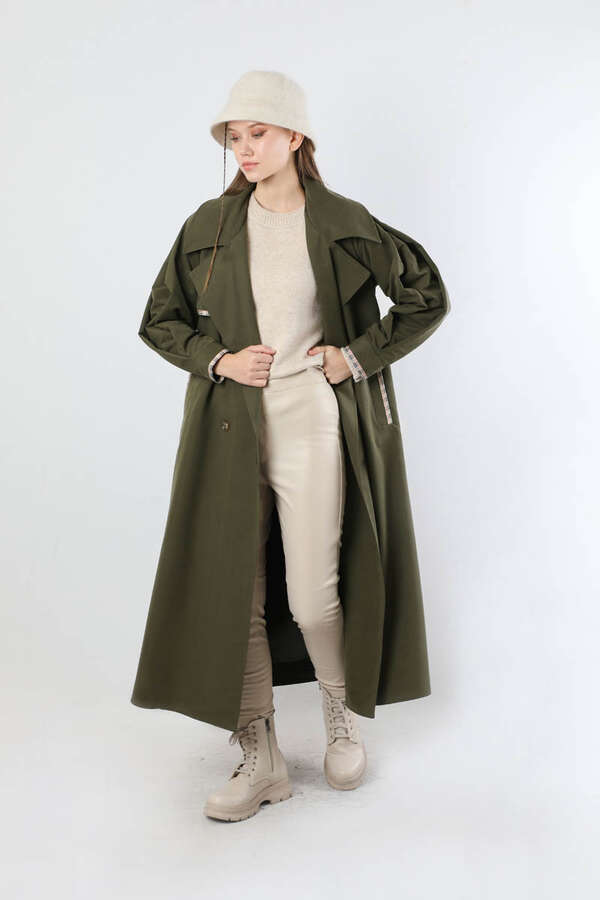 Ekose Detaylı Trençkot Haki - 3