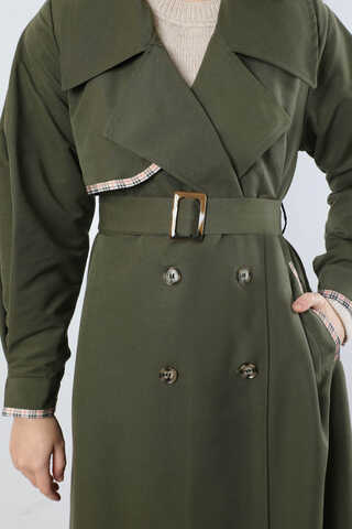 Ekose Detaylı Trençkot Haki - 4
