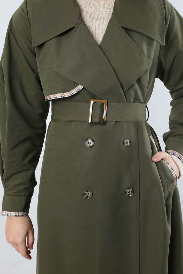 Ekose Detaylı Trençkot Haki - 4