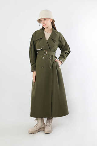 Ekose Detaylı Trençkot Haki - 5