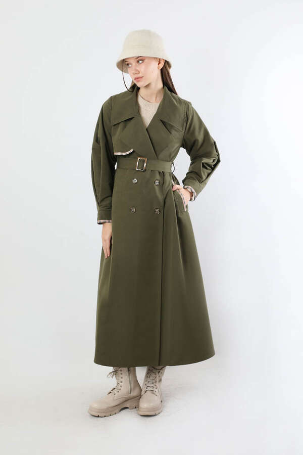Ekose Detaylı Trençkot Haki - 5