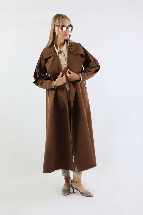 Ekose Detaylı Trençkot Kahverengi - 5