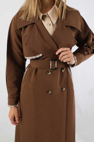 Ekose Detaylı Trençkot Kahverengi - 4