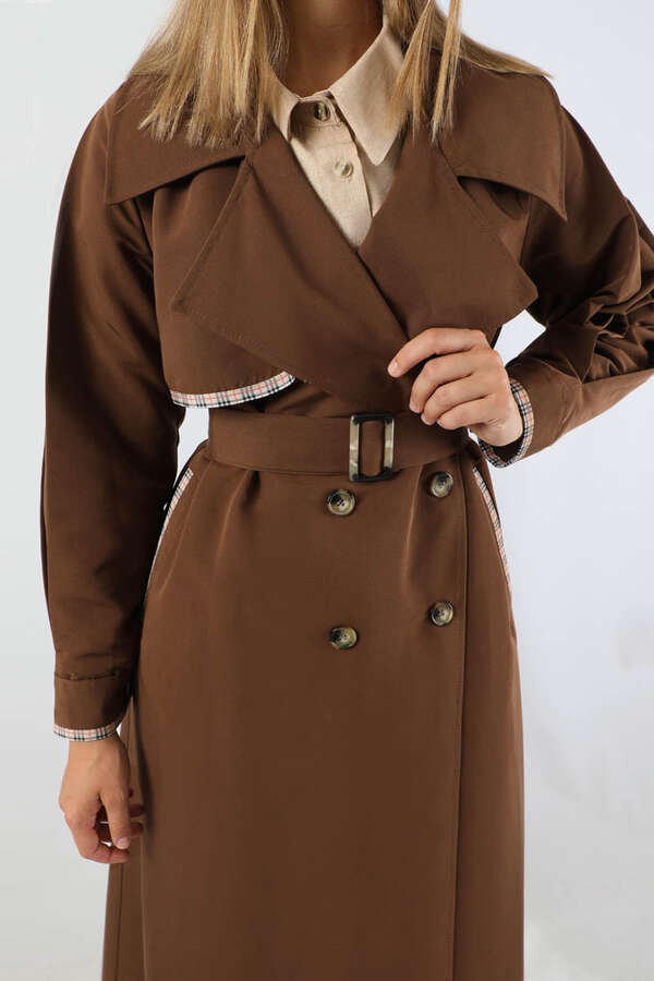 Ekose Detaylı Trençkot Kahverengi - 4