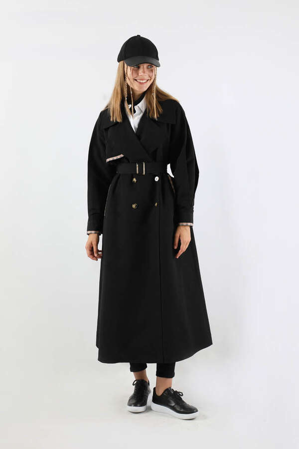 Ekose Detaylı Trençkot Siyah - 1