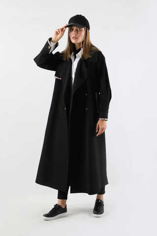 Ekose Detaylı Trençkot Siyah - 3