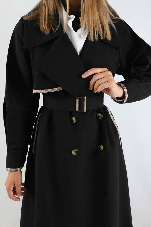 Ekose Detaylı Trençkot Siyah - 4