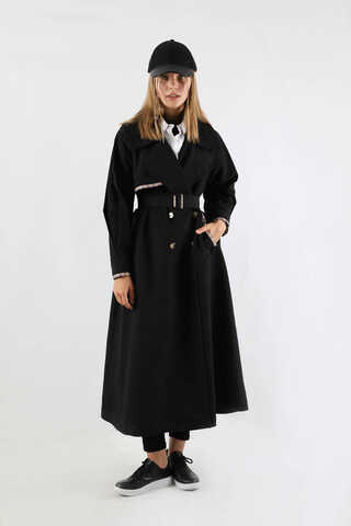 Ekose Detaylı Trençkot Siyah - 5