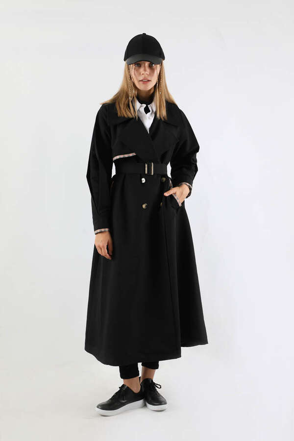 Ekose Detaylı Trençkot Siyah - 5