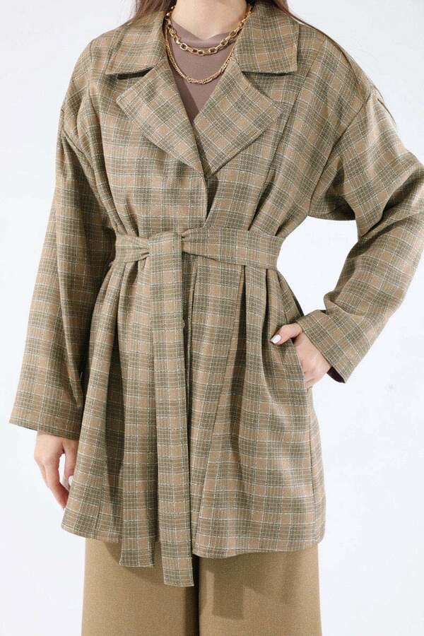 Ekose Kısa Ceket Takım Camel - 4