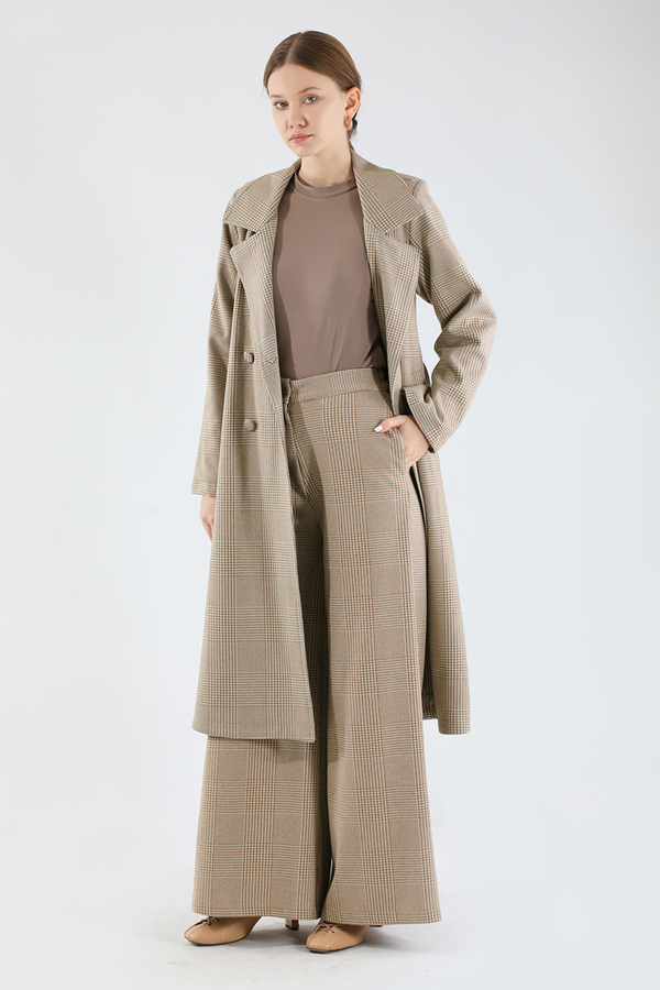 Ekose Uzun Ceket Takım Bej - 1