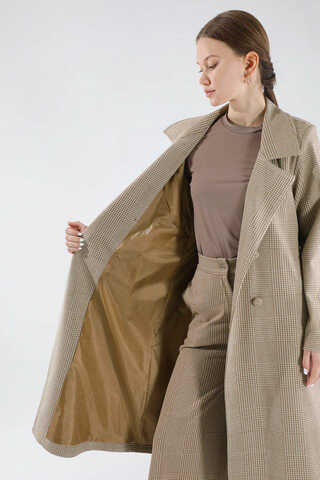 Ekose Uzun Ceket Takım Bej - 2