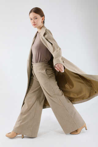 Ekose Uzun Ceket Takım Bej - 3